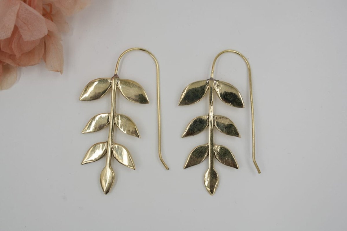 Golden Olive Branch Leaf Drop Earring