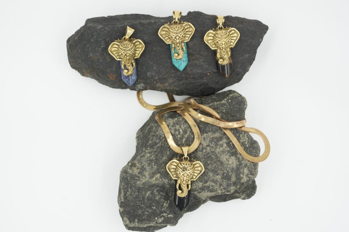 Bohemian Tribal Elephant Gemsstone Hexazonal Bulet Pendant
