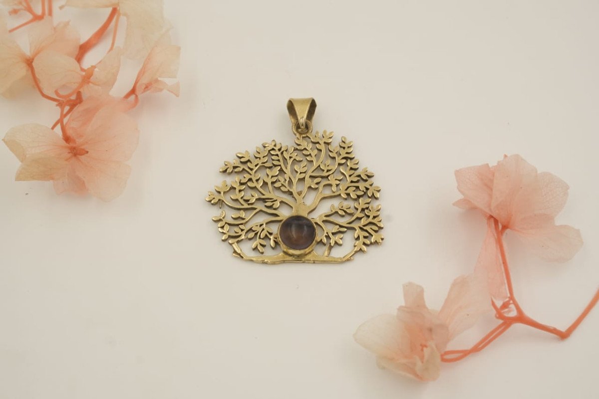 Vintage Style Brass Tree of Life Peendant with Semi -Precious Gemstone