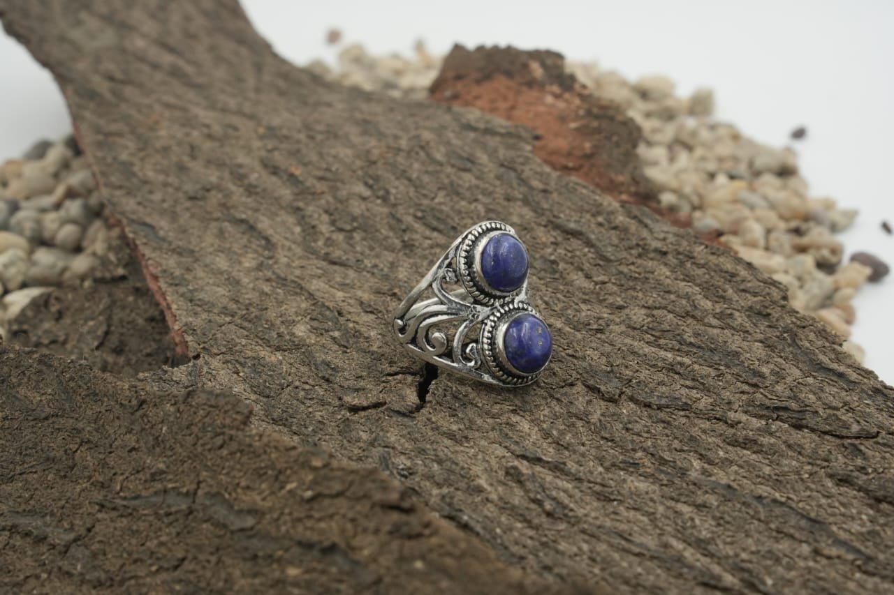 Bohemian Lapis Lazuli Double Round Stone Ring