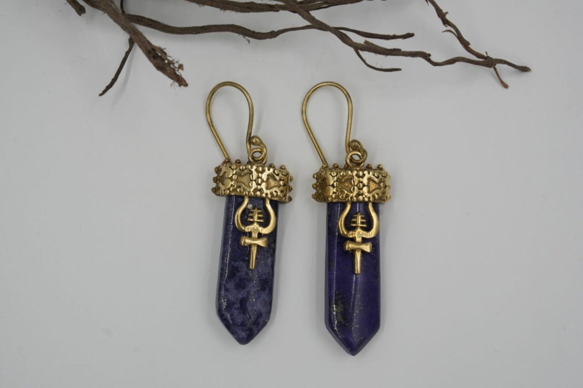 Handcrafted Brass Lapis Lazuli Drop Earrings-Boho Statement Jewelry