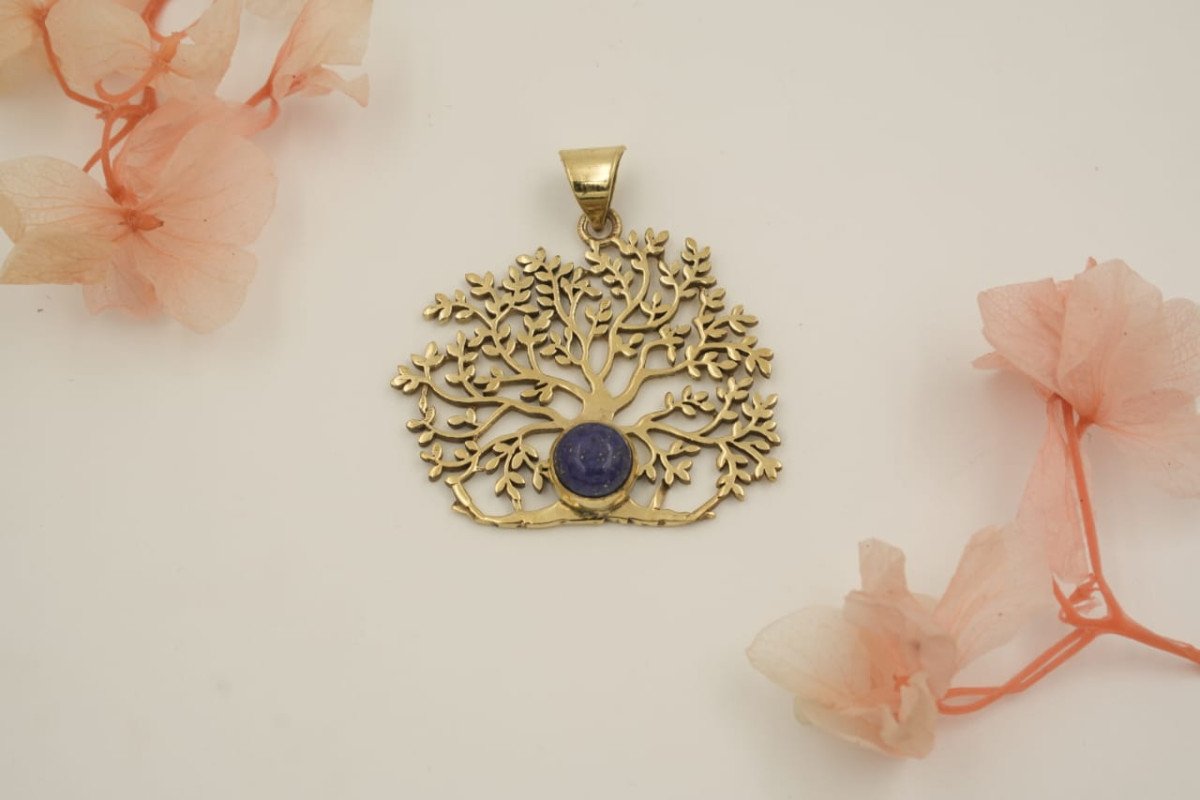 Vintage Style Brass Tree of Life Peendant with Semi -Precious Gemstone