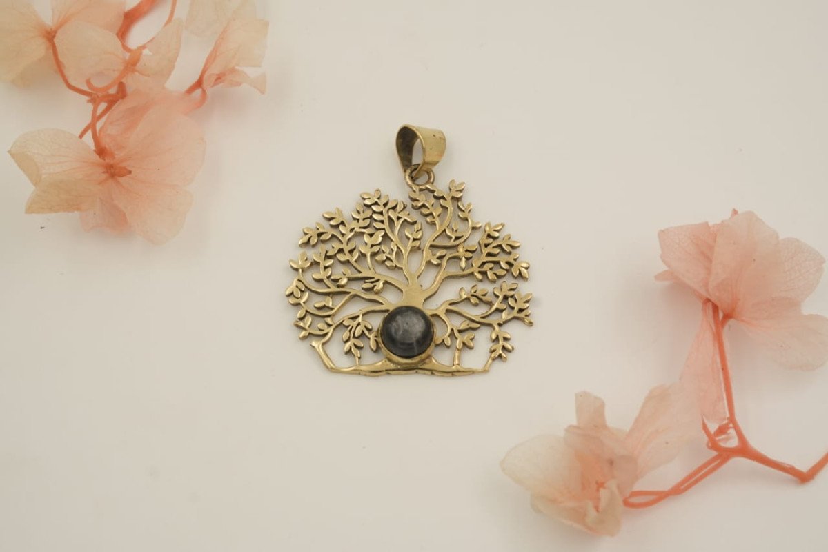 Vintage Style Brass Tree of Life Peendant with Semi -Precious Gemstone