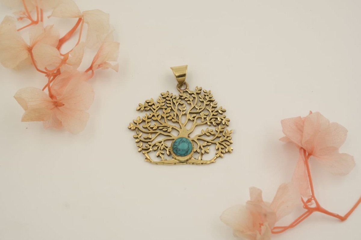 Vintage Style Brass Tree of Life Peendant with Semi -Precious Gemstone