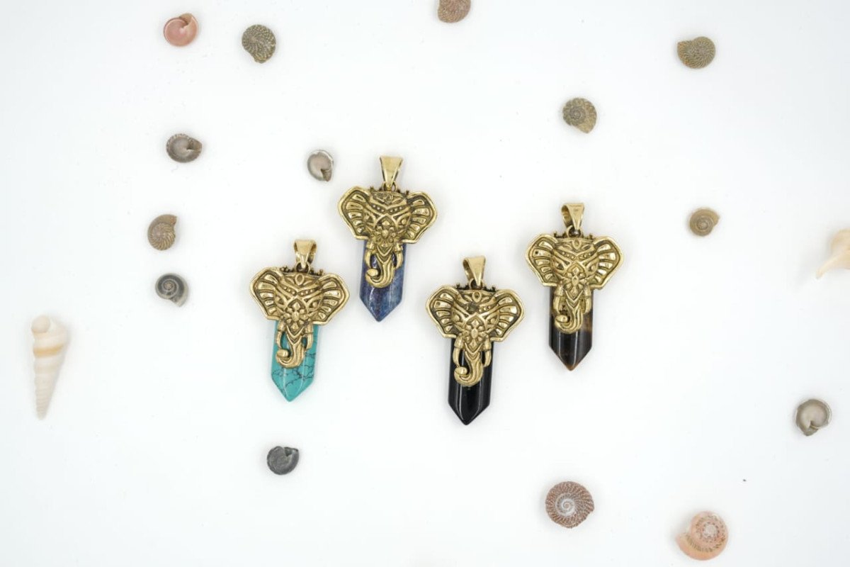 Bohemian Tribal Elephant Gemsstone Hexazonal Bulet Pendant
